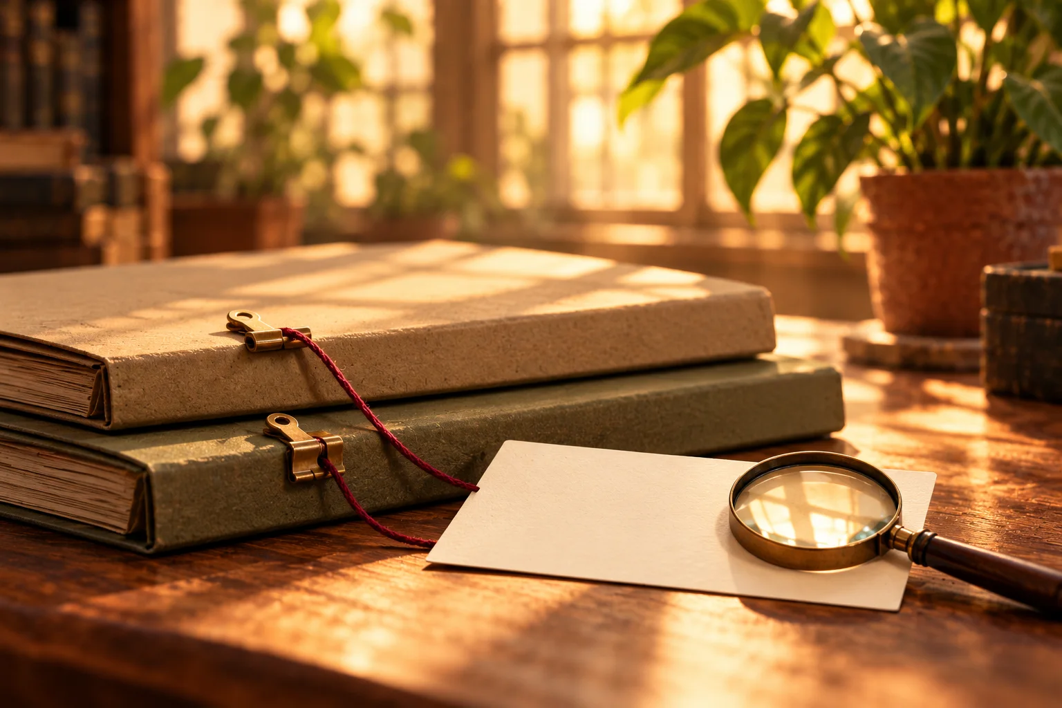 AI-generated still-life illustration of blank folders and index cards, a magnifying glass and a red connecting thread