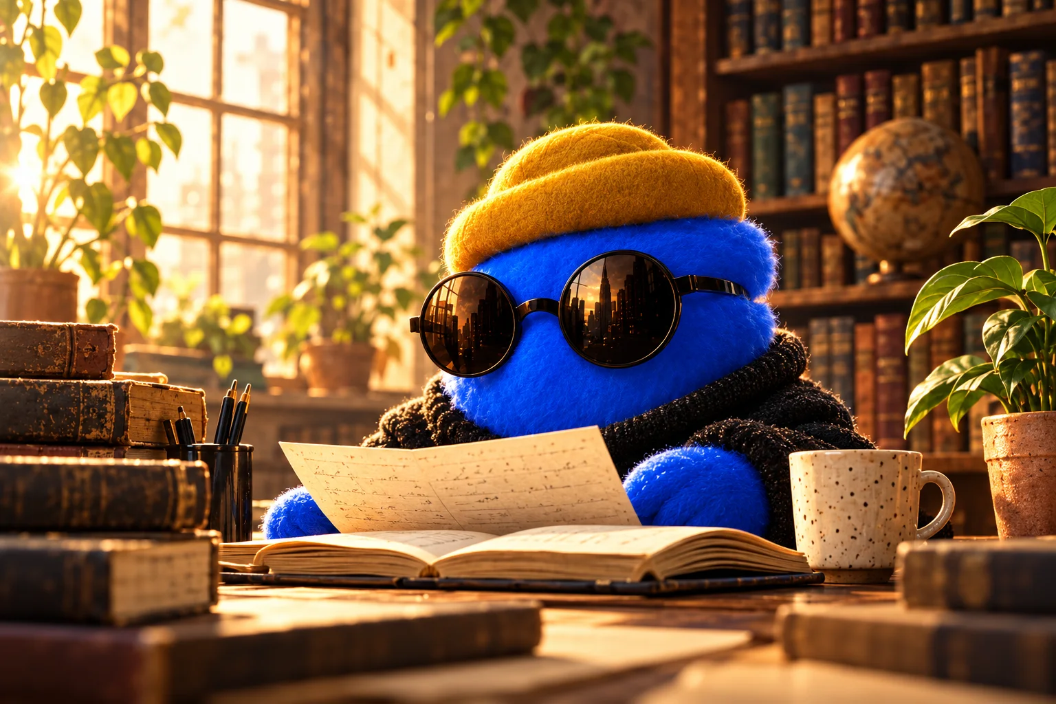 Illustration of Leon, a blue furry companion in a yellow cap and round sunglasses, reading at a sunlit archive desk