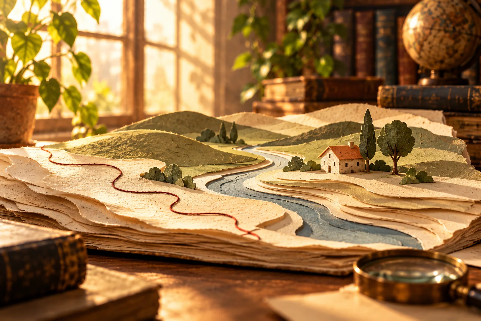 AI-generated illustration of an imaginary paper landscape with a river, hills and a small house; not a real map or place